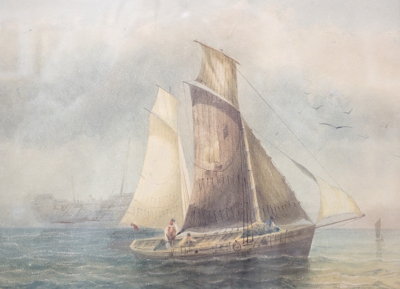 William Roxby Beverley (1811-1889), watercolour, Fishing boat and hulk off the coast, 22 x 30cm